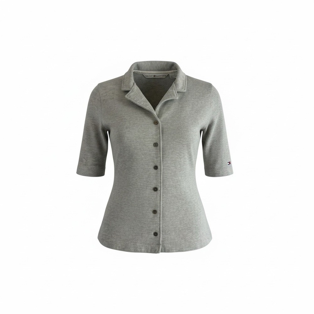 Vintage TOMMY HILFIGER Button Top Womens Size Large Gray 3/4 Sleeve 100% Cotton